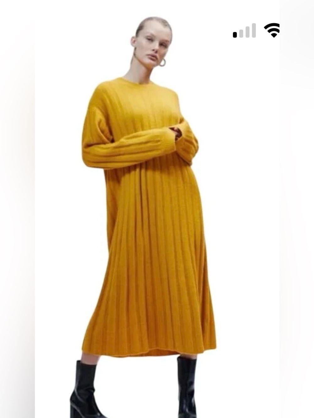 H&M Mustard Ribbed Long Sleeve Midi Dress